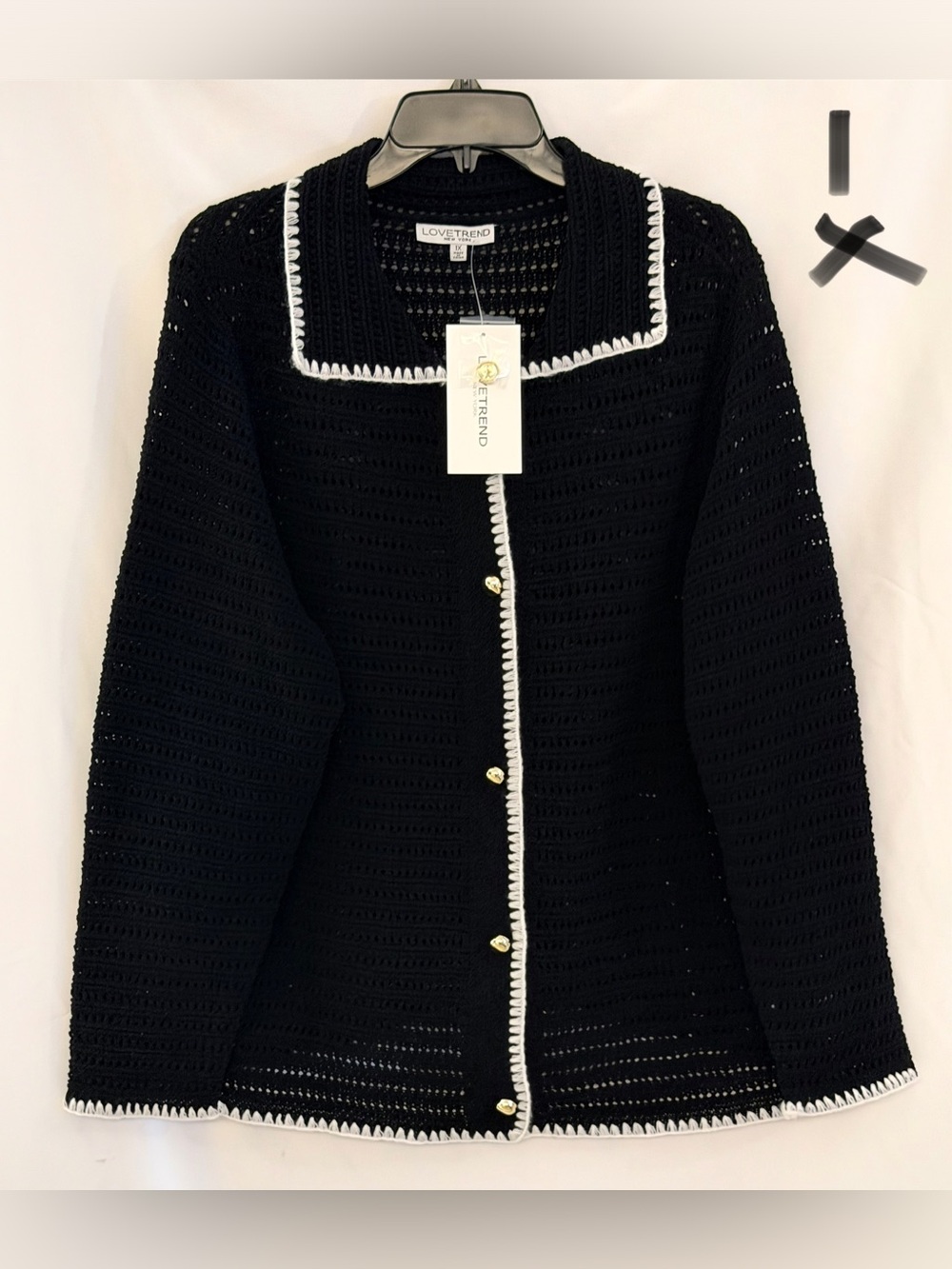 Love Tree Black Crochet Cardigan with White Trim